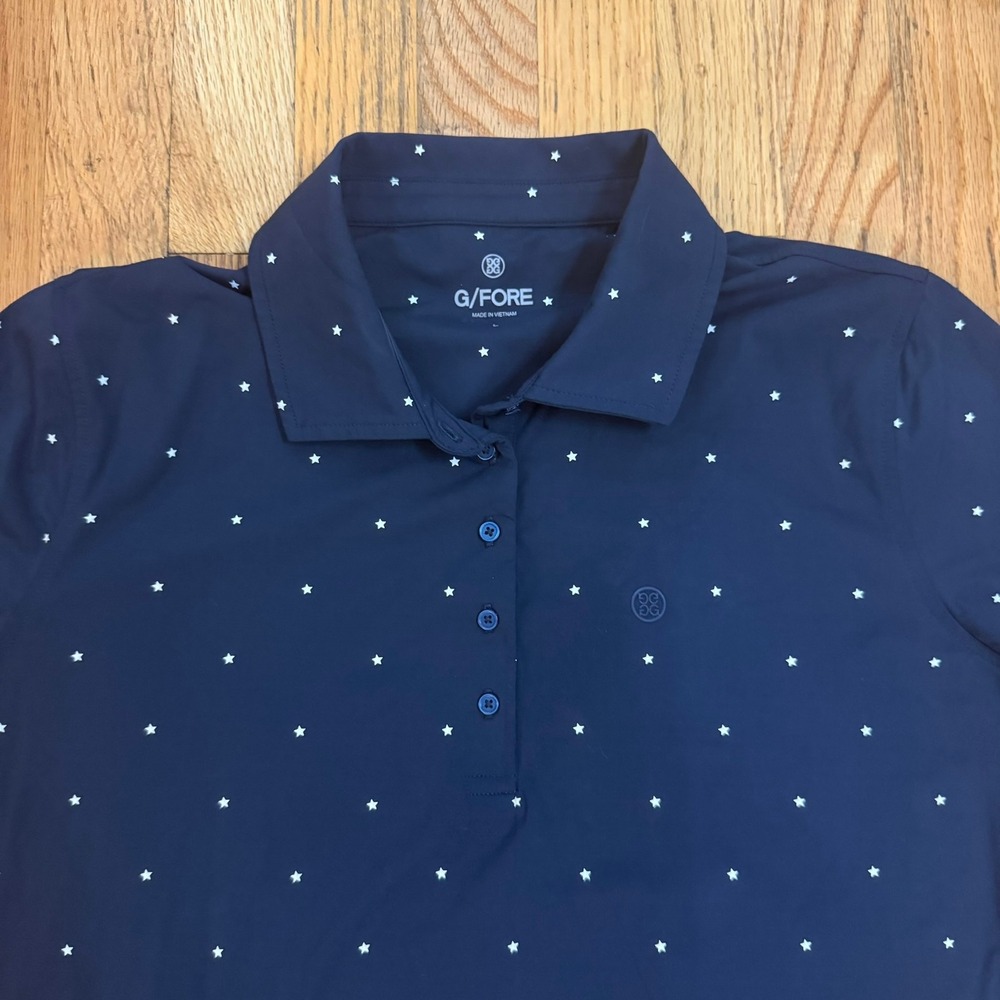 G/FORE Women Stardust Star Print Navy Blue Short Sleeve Golf Polo Shirt Size L